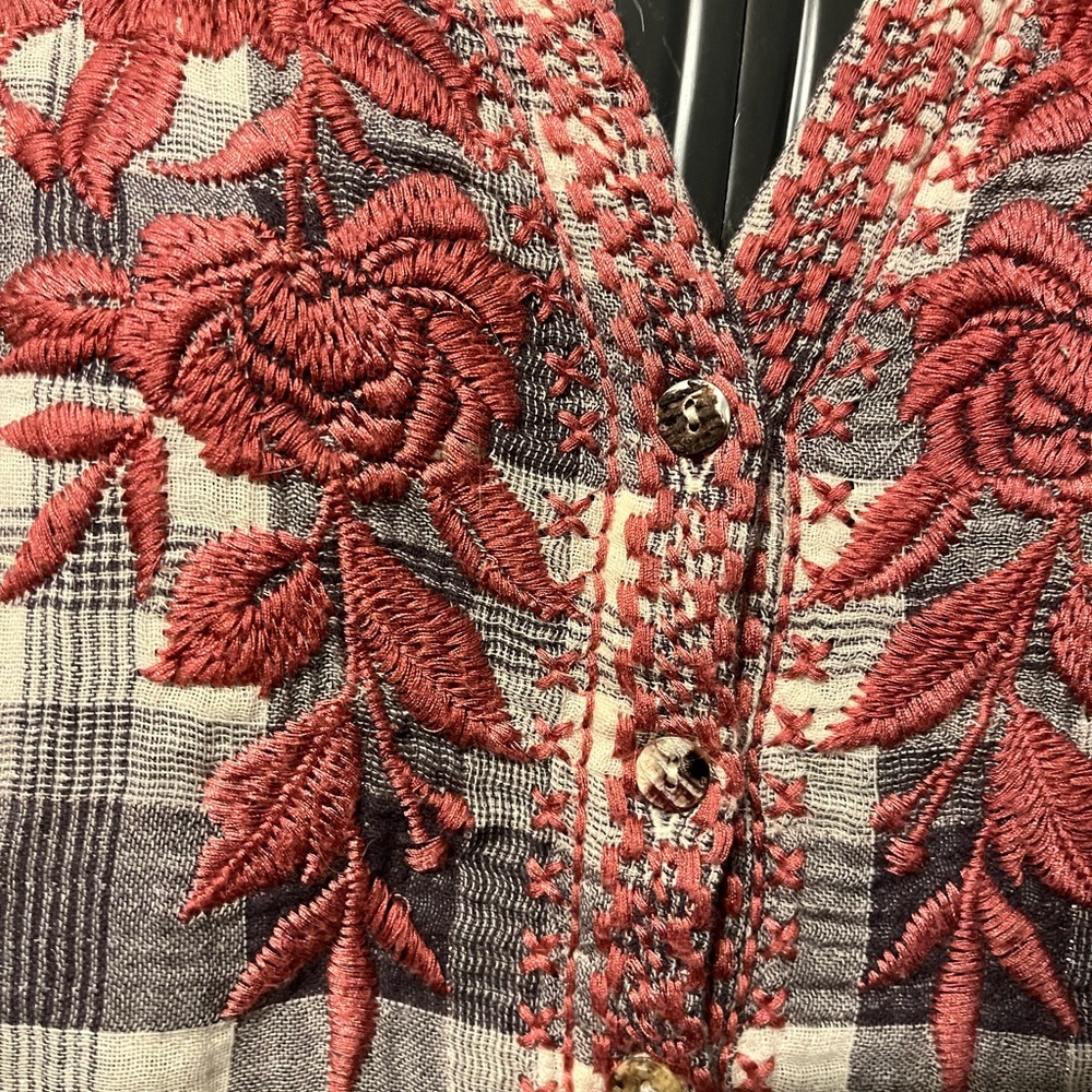 Johnny Was plaid linen Embroidered Button Down Shirt